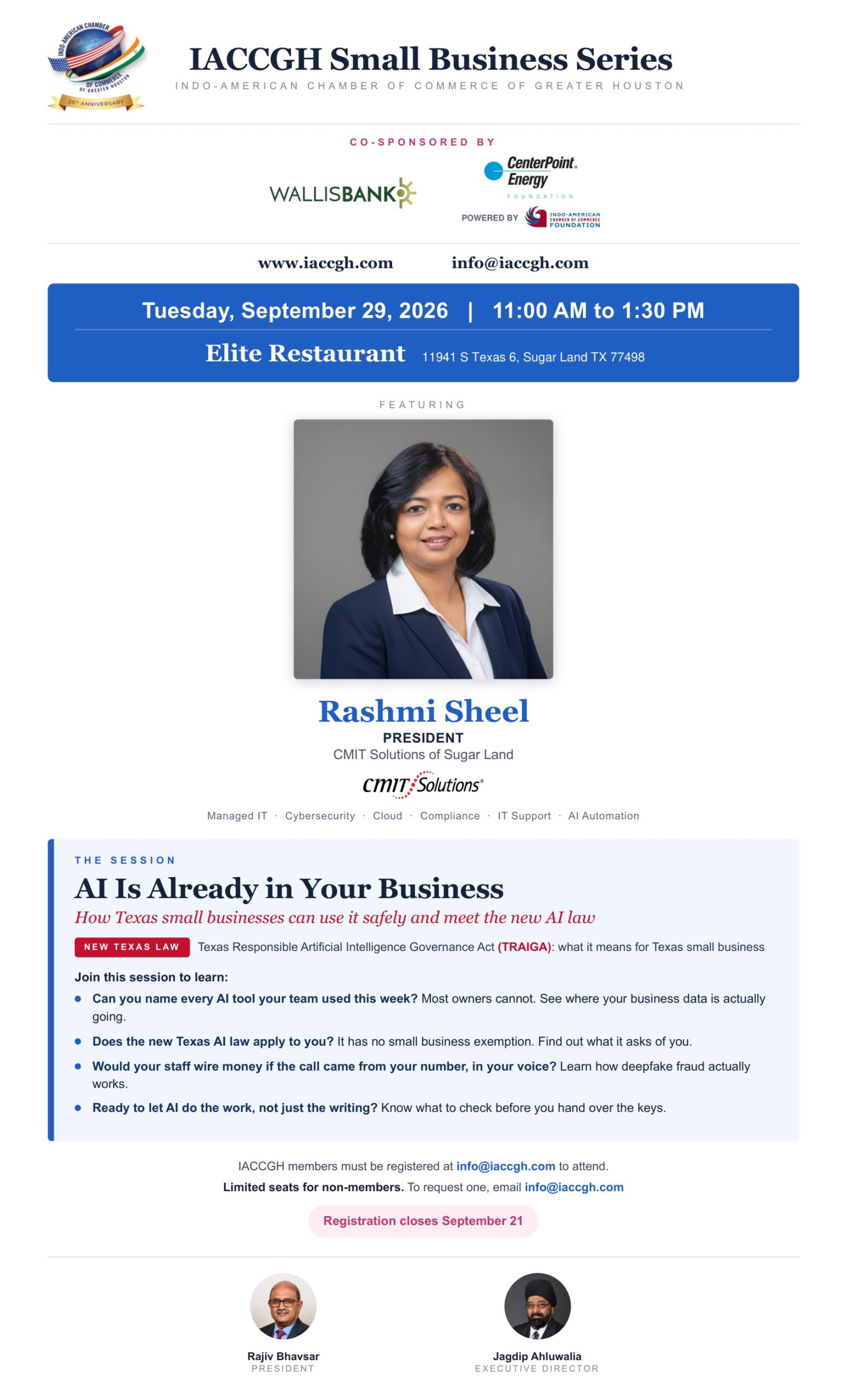 IACCGH Small Business Series Featuring Rashmi Sheel, President, CMIT Solutions of Sugar Land